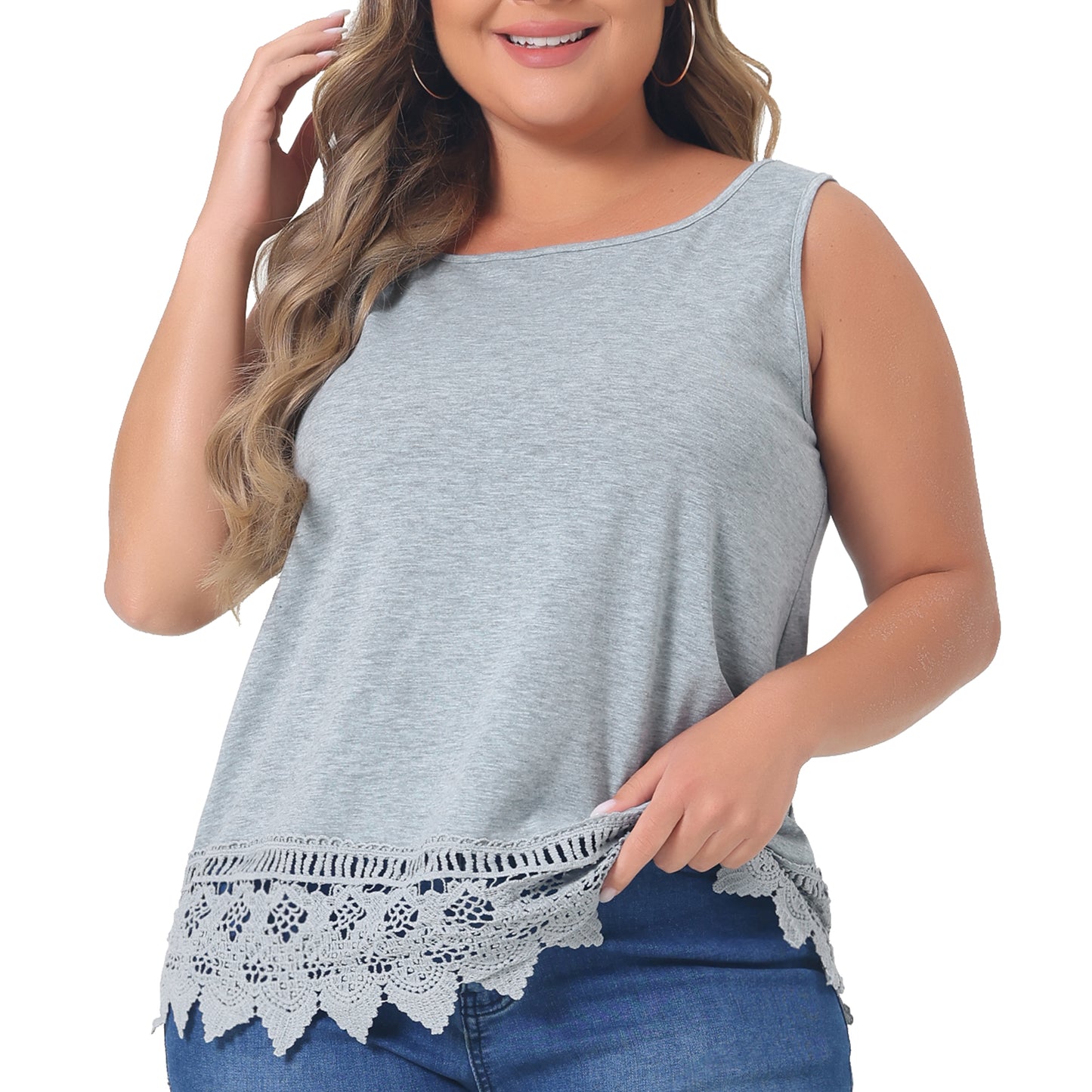 Women Plus Size Tops Round Neck Sleeveless Swing Lace Panel Flowy Tee Tops Summer