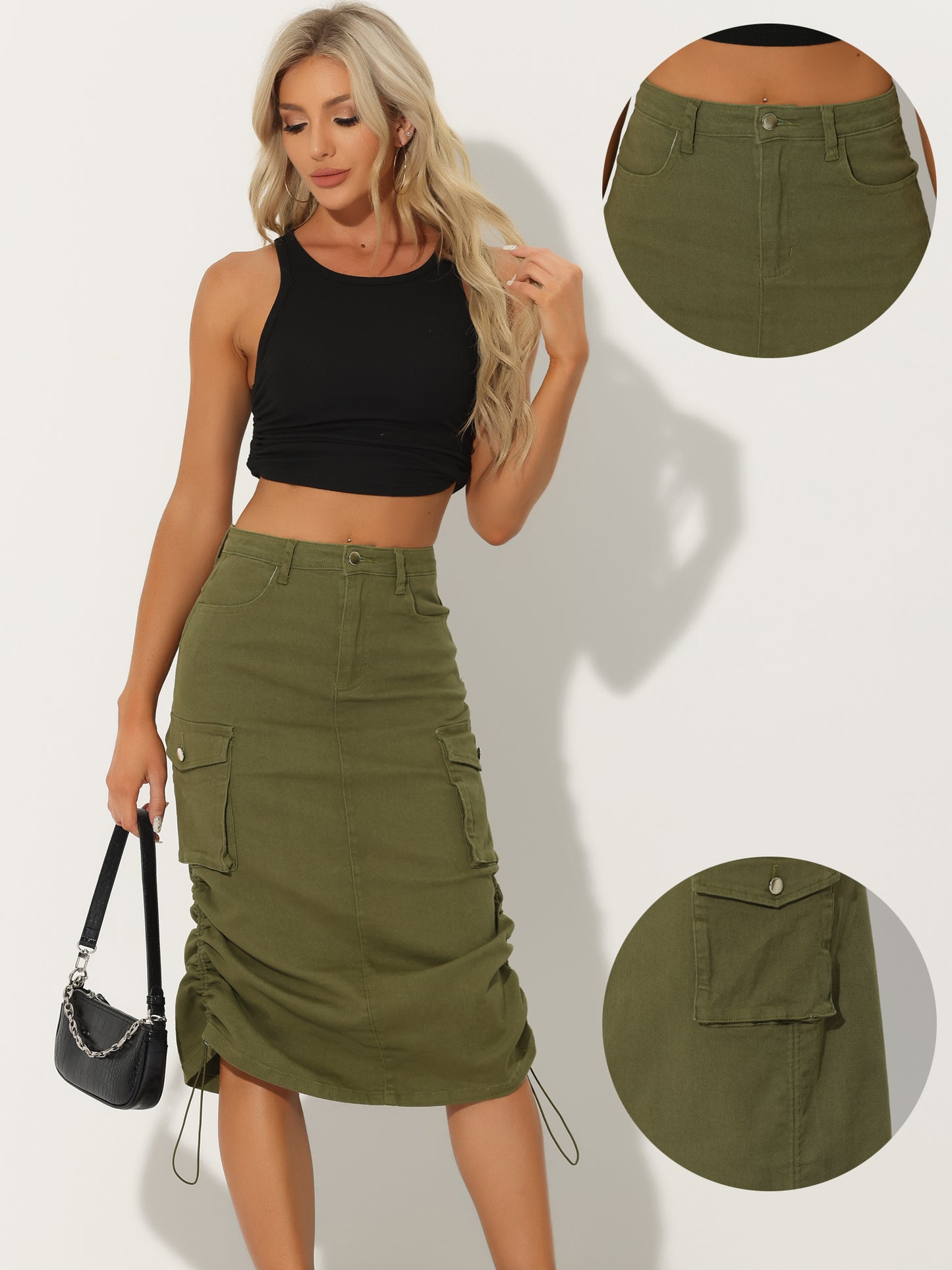Women's Adjustable A-Line Midi Long Cargo Denim Skirt