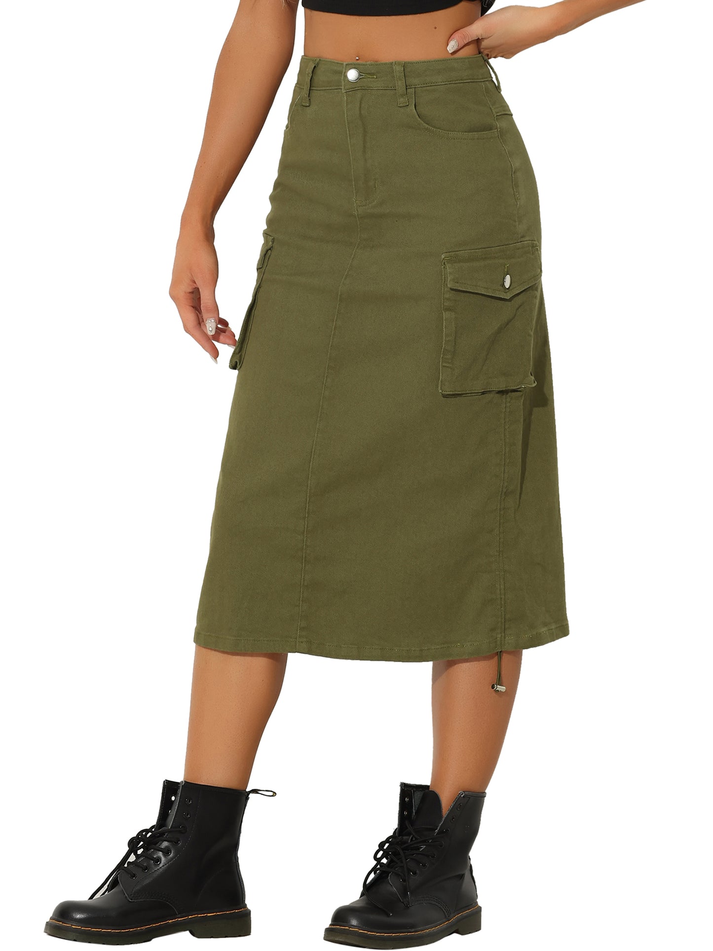 Women's Adjustable A-Line Midi Long Cargo Denim Skirt