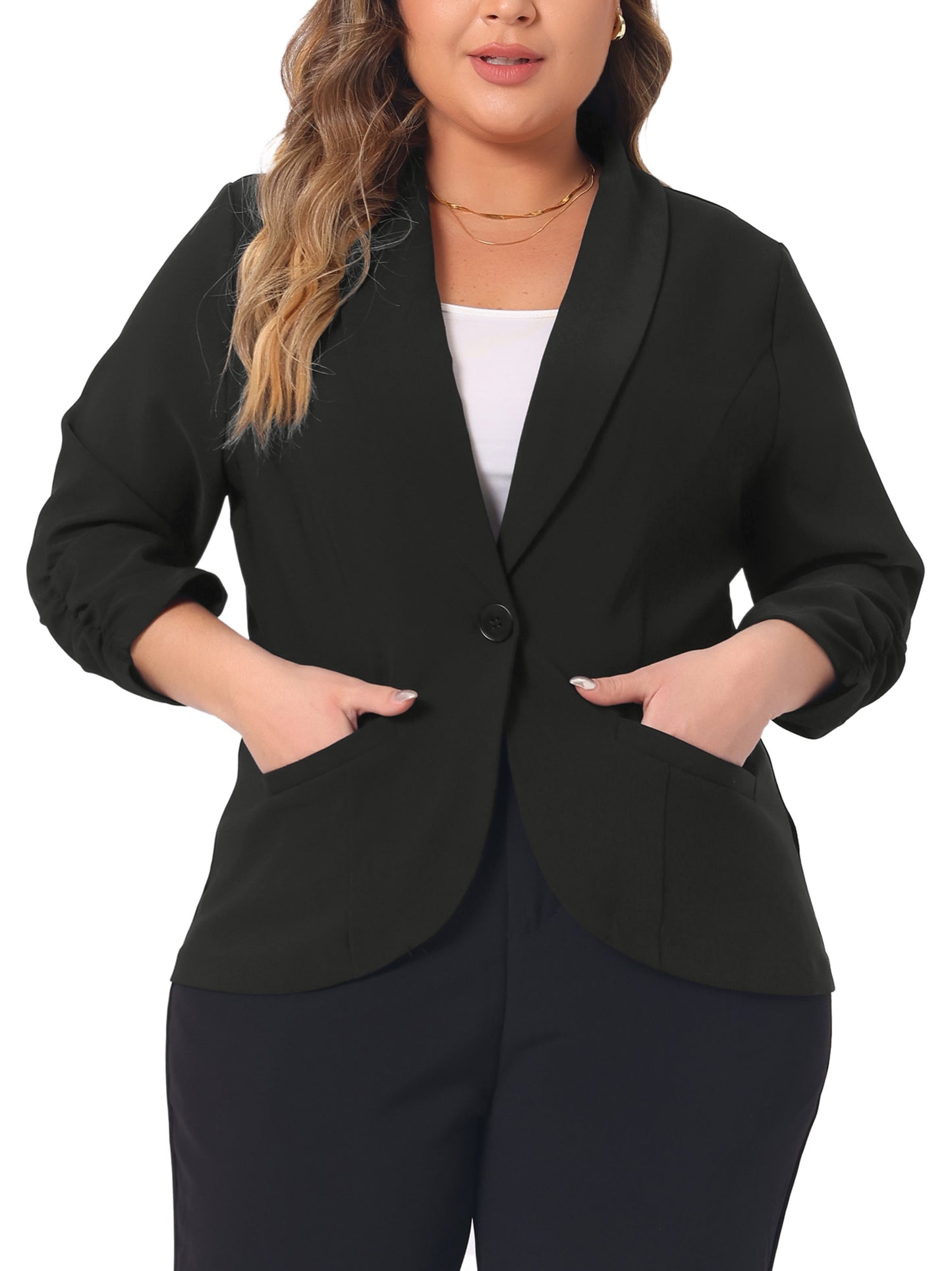 Women Plus Size Blazer 3/4 Ruched Sleeve Open Front Lightweight Work Office Suit Jacket