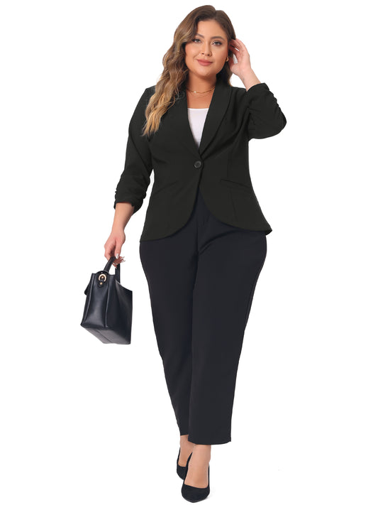 Blazer de talla grande para mujer, chaqueta ligera de trabajo para oficina, con mangas fruncidas 3/4 y parte delantera abierta