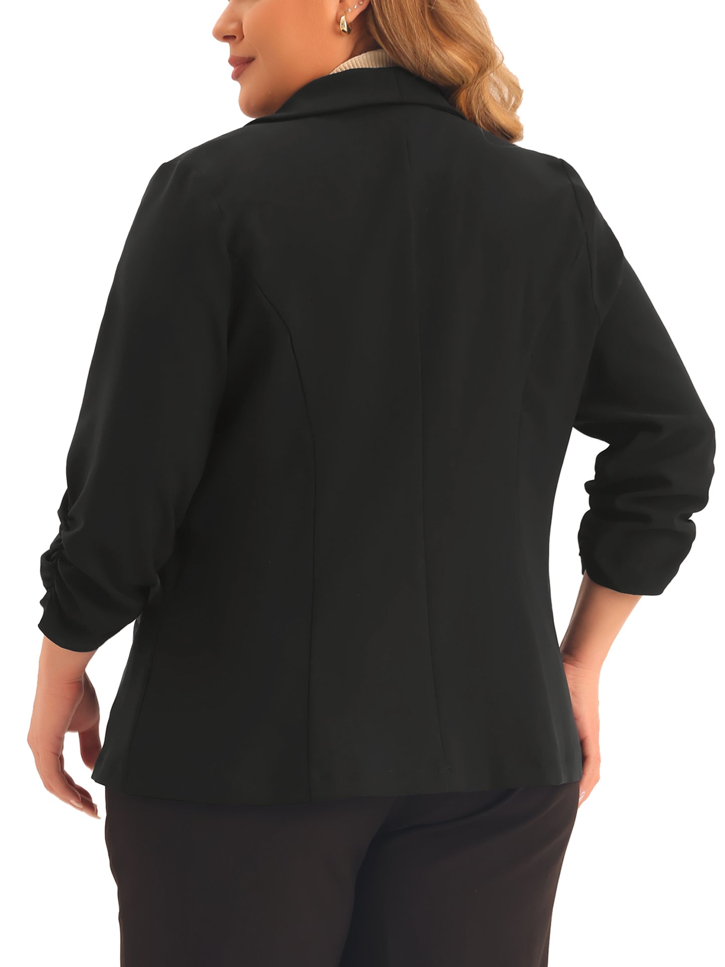Women Plus Size Blazer 3/4 Ruched Sleeve Open Front Lightweight Work Office Suit Jacket