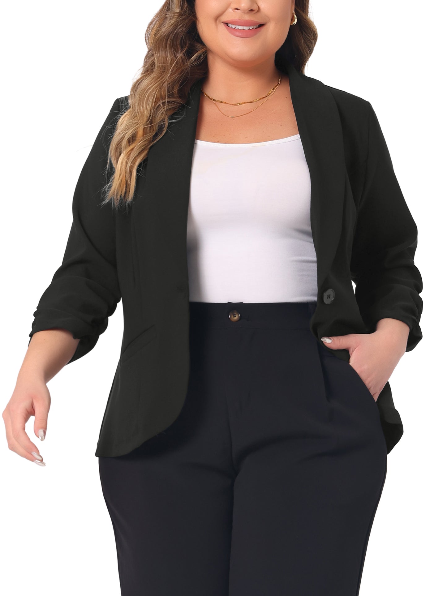Women Plus Size Blazer 3/4 Ruched Sleeve Open Front Lightweight Work Office Suit Jacket