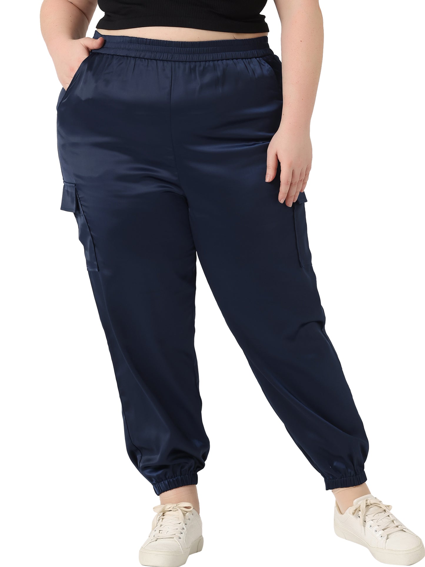 Women Plus Size Satin Joggers Elastic Waist Athleisure Ankle Length Cargo Pants with Pocket