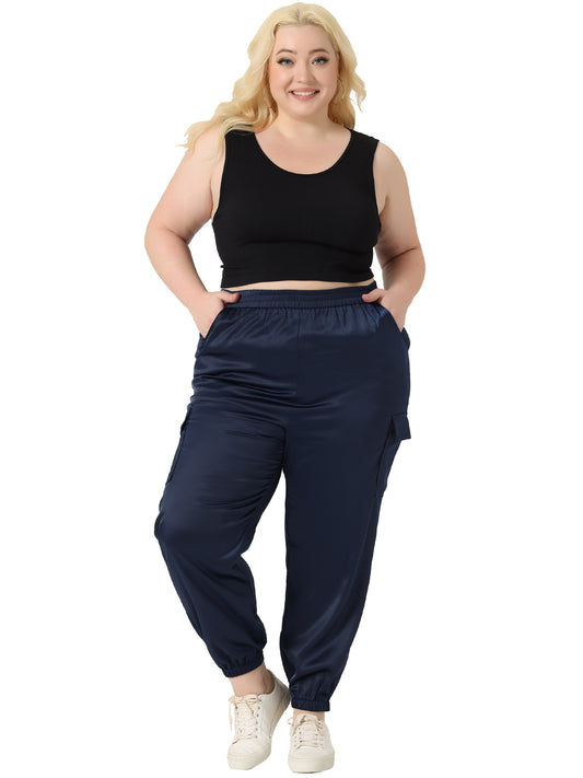 Women Plus Size Satin Joggers Elastic Waist Athleisure Ankle Length Cargo Pants with Pocket