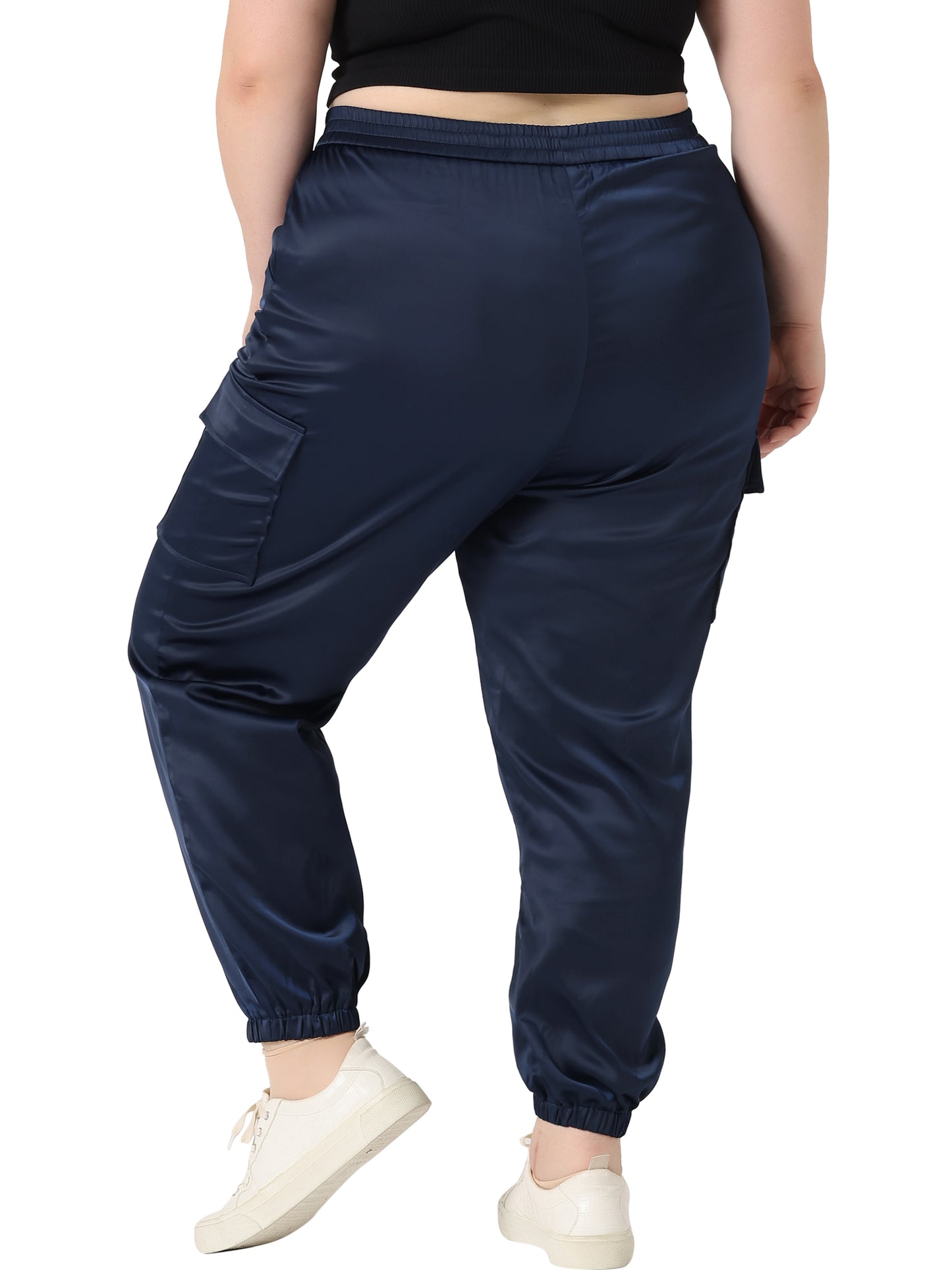 Women Plus Size Satin Joggers Elastic Waist Athleisure Ankle Length Cargo Pants with Pocket
