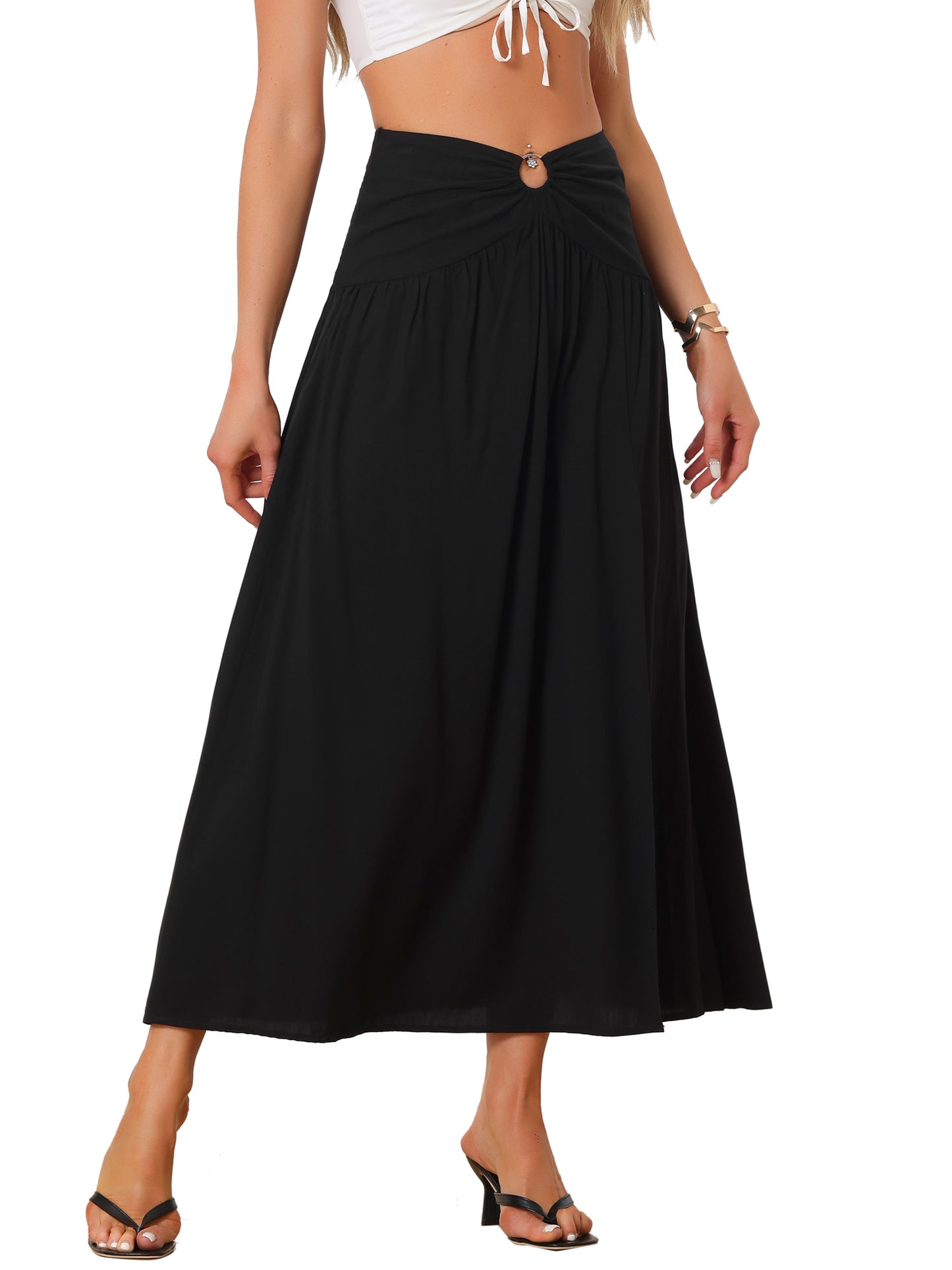 Women's Bohemian Keyhole Smocked Split High Waist Summer Midi Beach Skrit