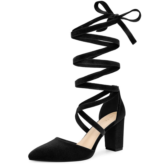 Zapatos de tacón grueso con cordones y punta puntiaguda de terciopelo para mujer