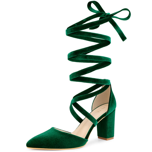 Zapatos de tacón grueso con cordones y punta puntiaguda de terciopelo para mujer