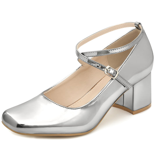 Women Mary Jane Square Toe Heels Block Heel Metallic Pumps