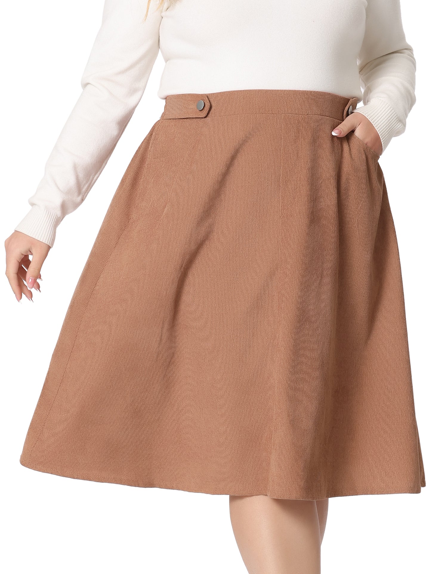 Women Plus Size Corduroy Skirt Elastic High A Line With Pockets Midi Skirt