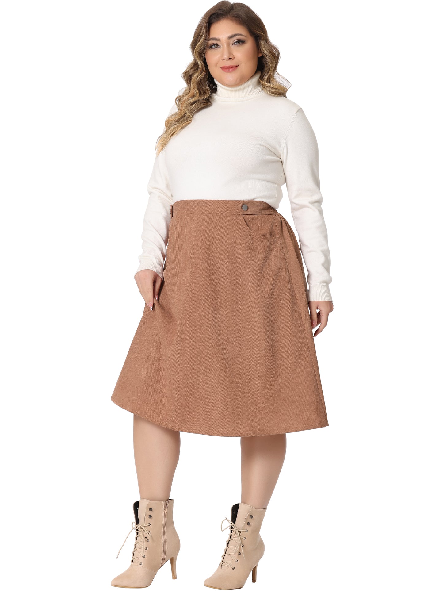 Women Plus Size Corduroy Skirt Elastic High A Line With Pockets Midi Skirt