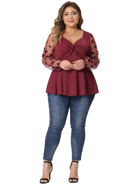 Women Plus Size Top Long Sleeve V Neck Mesh Sheer Peplum Top Babydoll Blouse