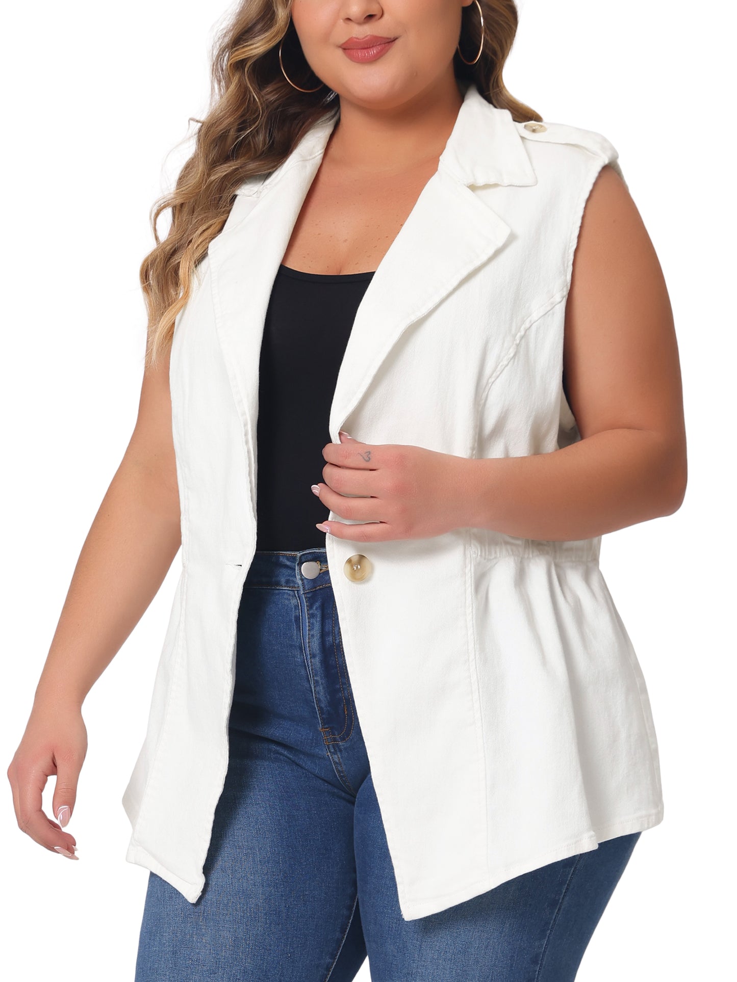 Women's Plus Size Denim Vest Sleeveless Lapel Button Elastic Waist Casual Denim Jackets Vest