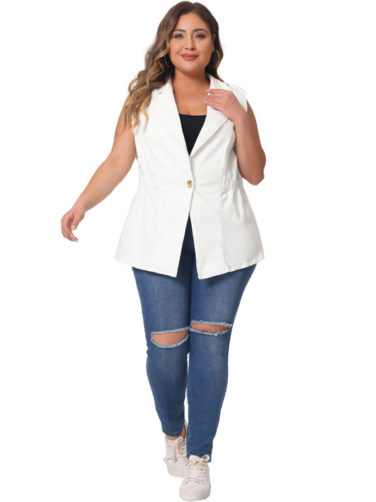 Women's Plus Size Denim Vest Sleeveless Lapel Button Elastic Waist Casual Denim Jackets Vest