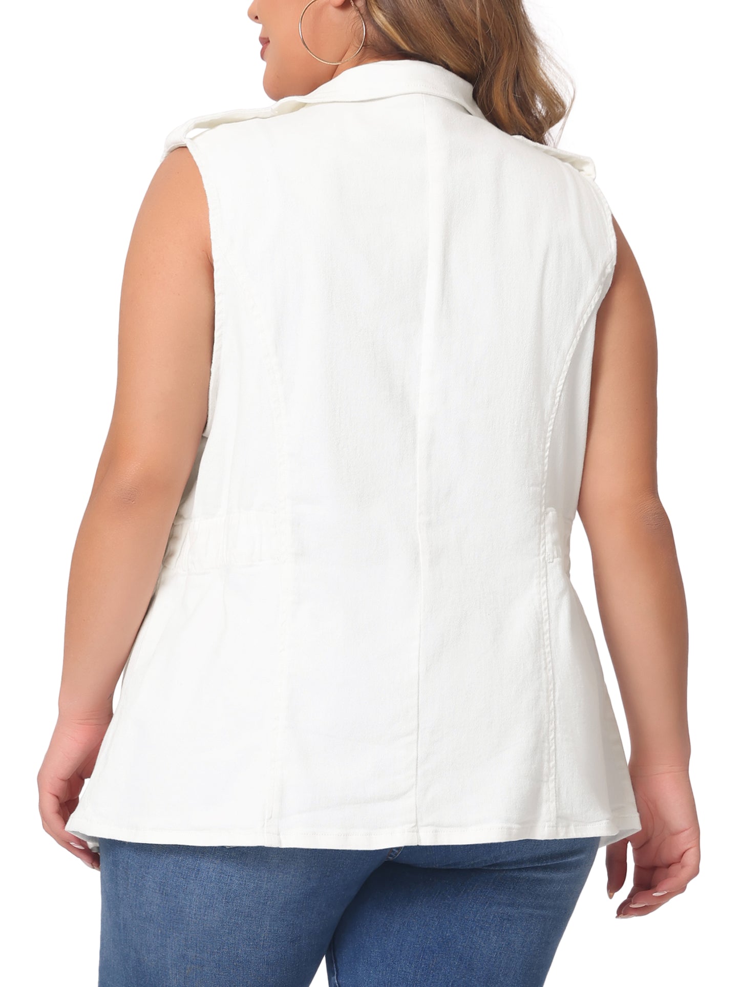 Women's Plus Size Denim Vest Sleeveless Lapel Button Elastic Waist Casual Denim Jackets Vest