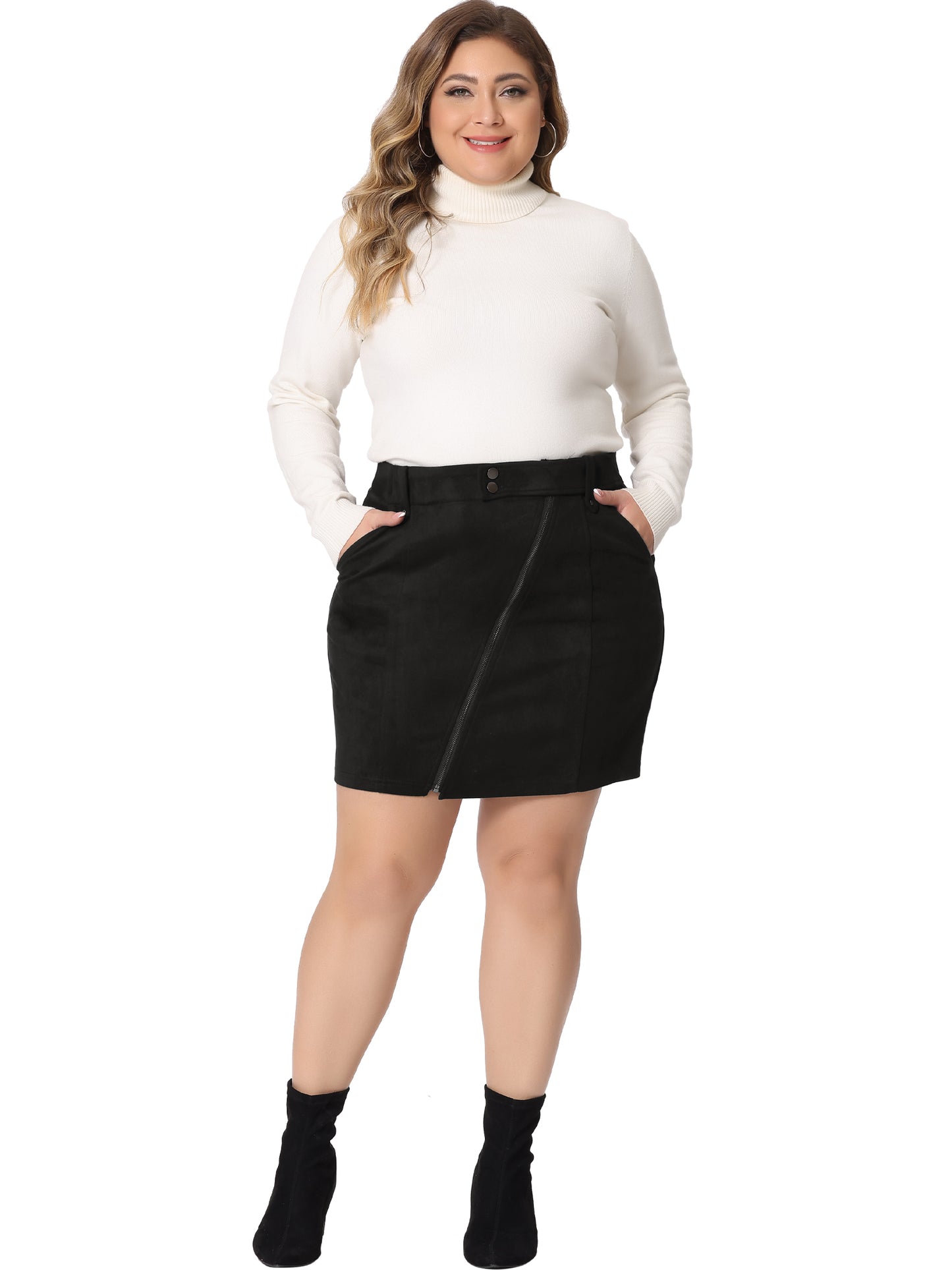 Women Plus Size Faux Suede Skirt Zipper Front Elastic Waist Mini Pencil Skirt with Pockets