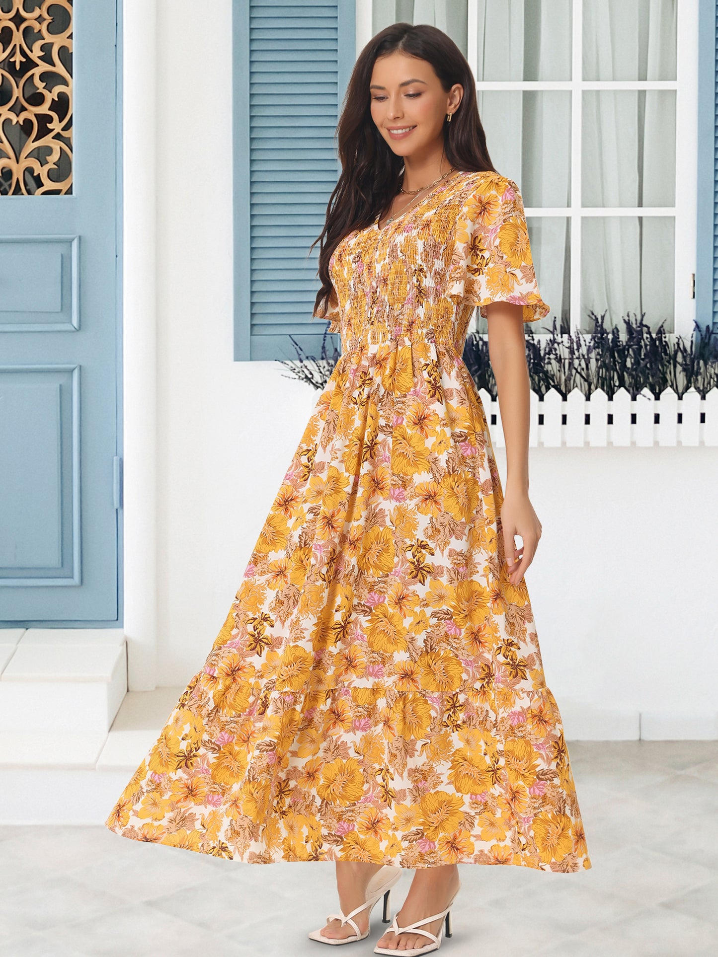 Women's Summer Dresses Casual Floral Short Sleeve V Neck Smocked Flowy Maxi Dress with Pockets