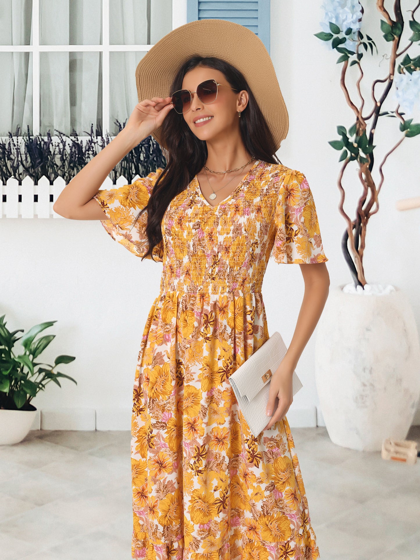 Women's Summer Dresses Casual Floral Short Sleeve V Neck Smocked Flowy Maxi Dress with Pockets