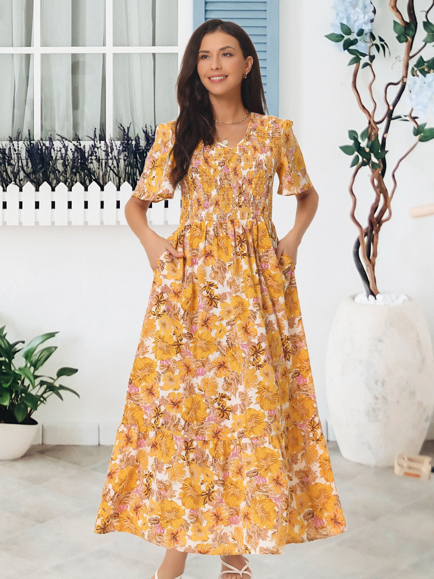 Women's Summer Dresses Casual Floral Short Sleeve V Neck Smocked Flowy Maxi Dress with Pockets