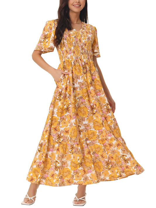 Women's Summer Dresses Casual Floral Short Sleeve V Neck Smocked Flowy Maxi Dress with Pockets