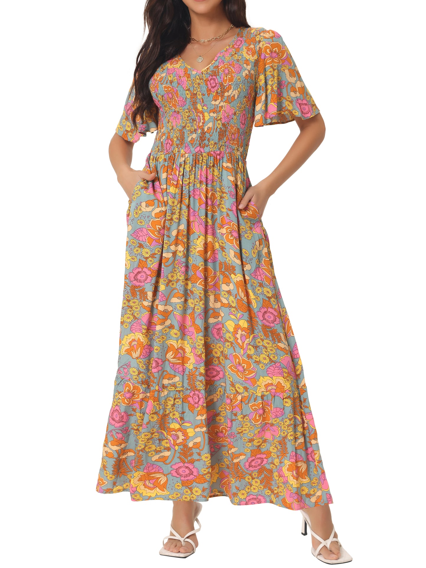 Women's Summer Dresses Casual Floral Short Sleeve V Neck Smocked Flowy Maxi Dress with Pockets
