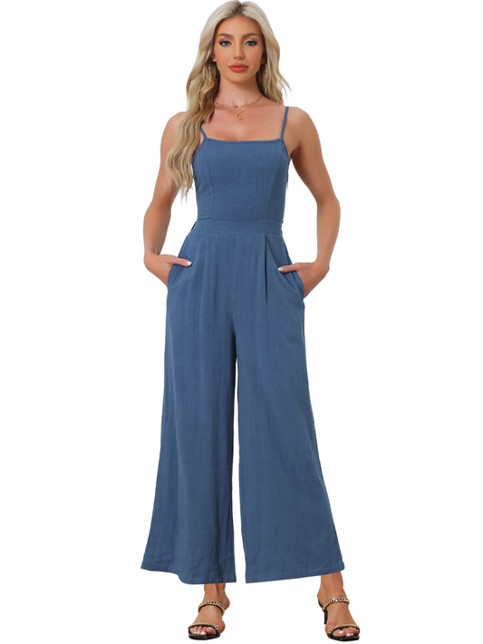 Women's Casual Spaghetti Strap Sleeveless Wide Legs Rompers Linen Jumpsuits