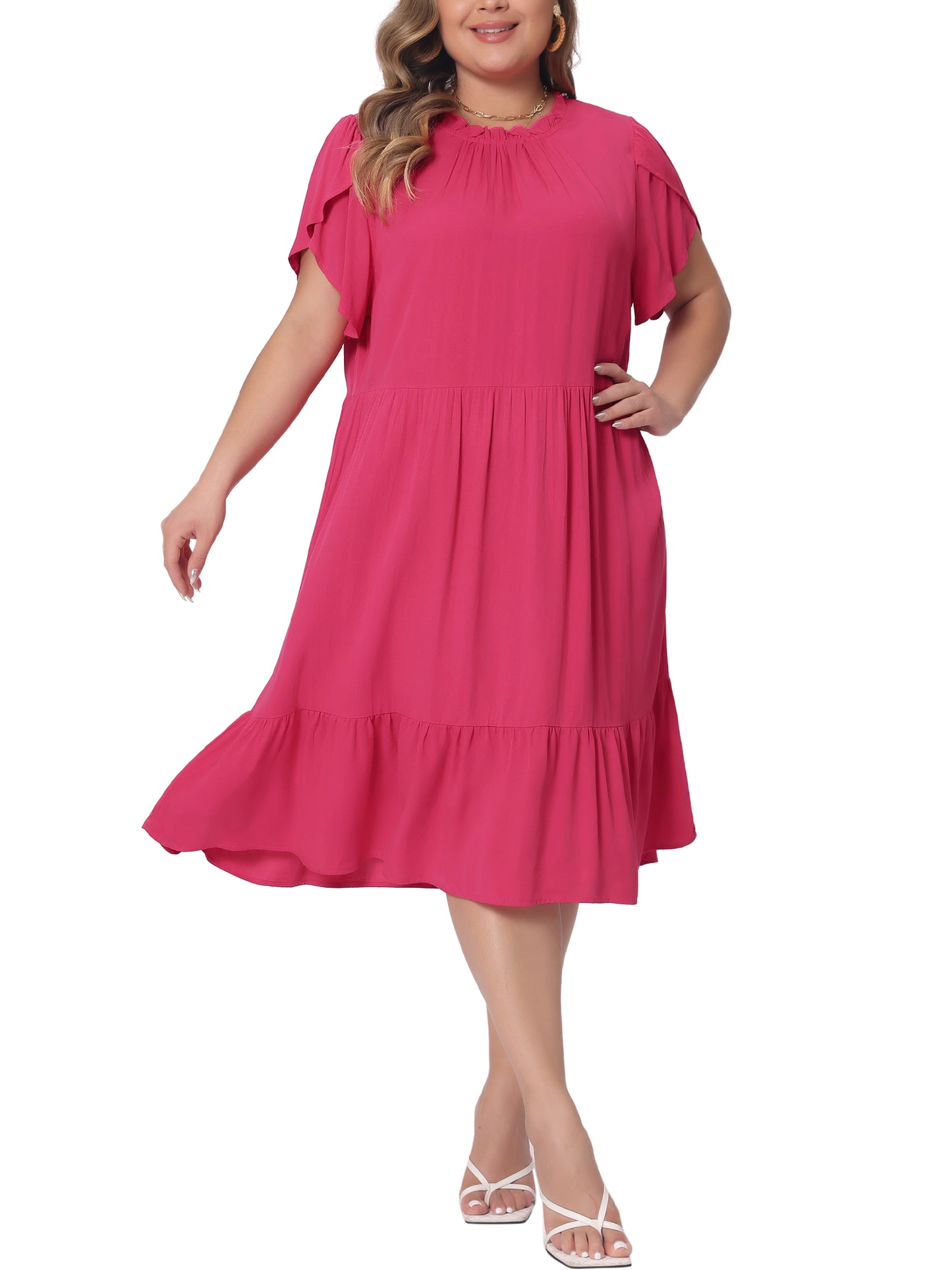 Women's Plus Size Dress Tie Back Petal Sleeve Mock Neck Ruffle Hem A-Line Swing Midi Dresses