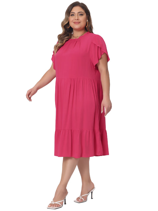 Women's Plus Size Dress Tie Back Petal Sleeve Mock Neck Ruffle Hem A-Line Swing Midi Dresses