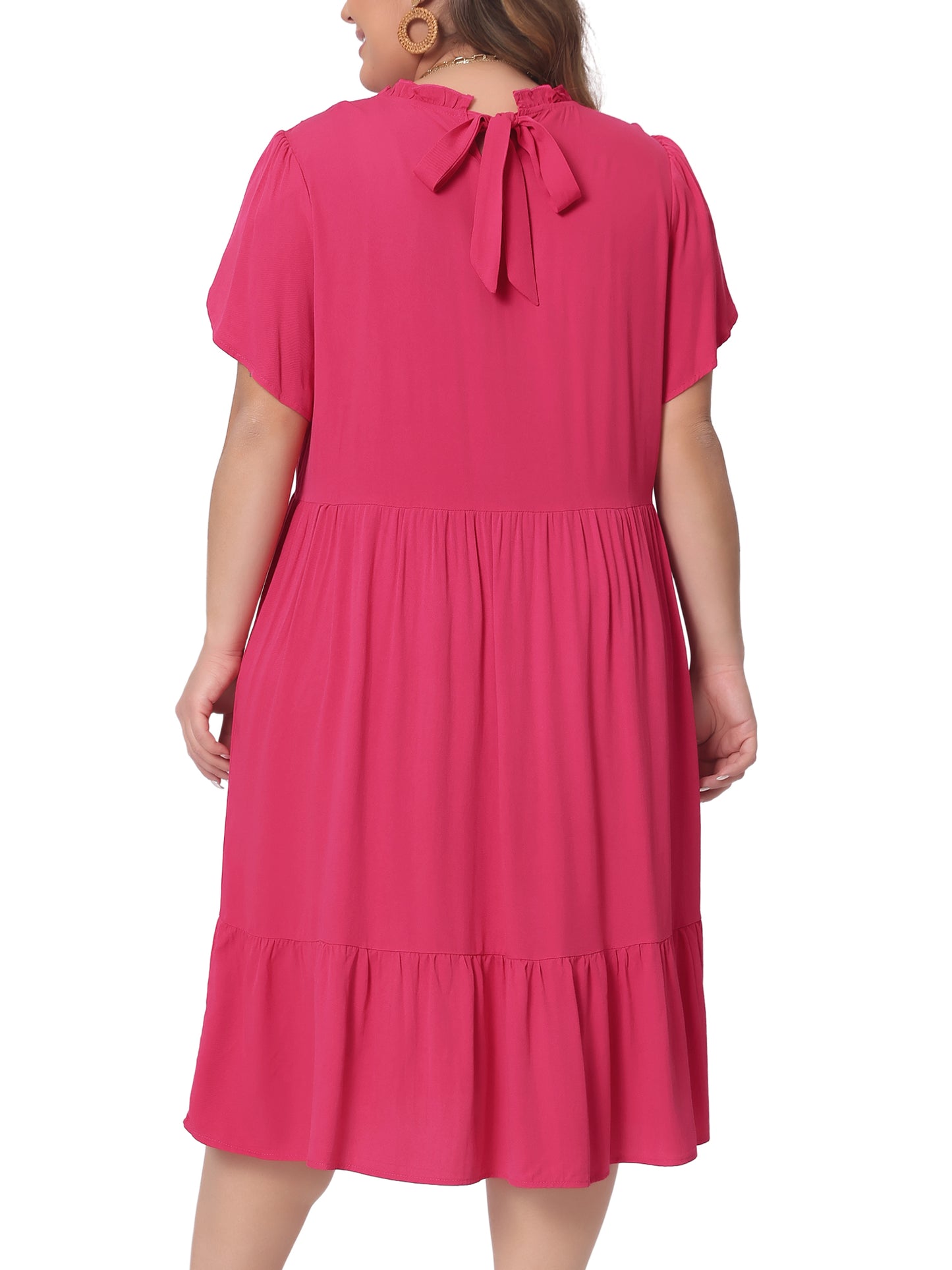 Women's Plus Size Dress Tie Back Petal Sleeve Mock Neck Ruffle Hem A-Line Swing Midi Dresses