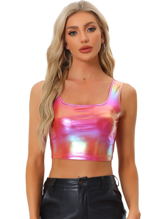 Women's U Neck Sleeveless Party Clubwear Holographic Shiny Metallic Cami Crop Top