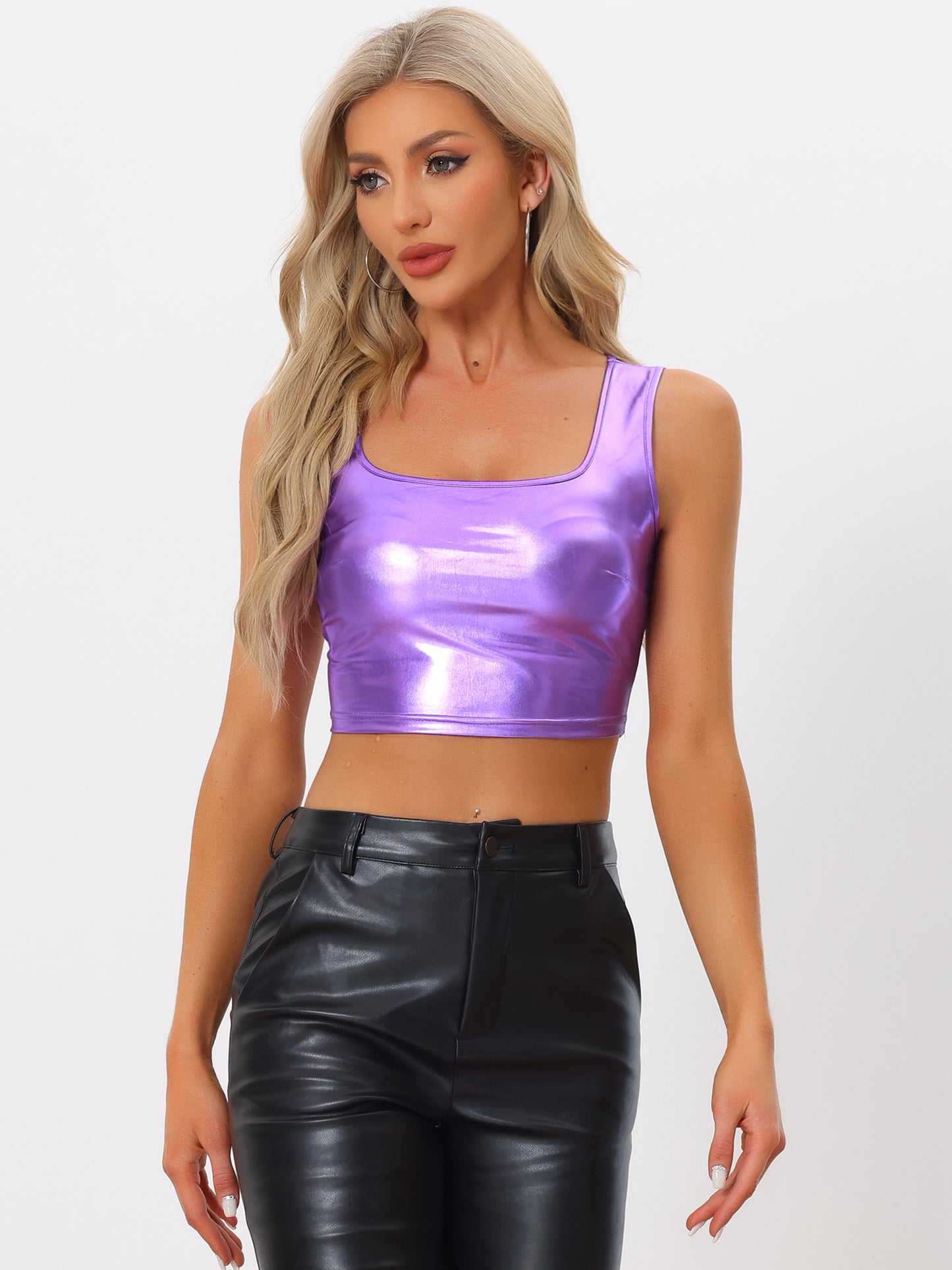 Women's U Neck Sleeveless Party Clubwear Holographic Shiny Metallic Cami Crop Top
