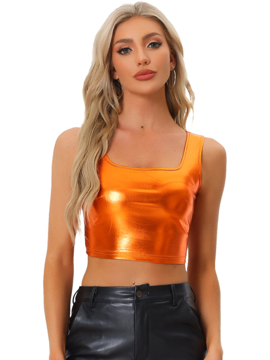 Women's U Neck Sleeveless Party Clubwear Holographic Shiny Metallic Cami Crop Top