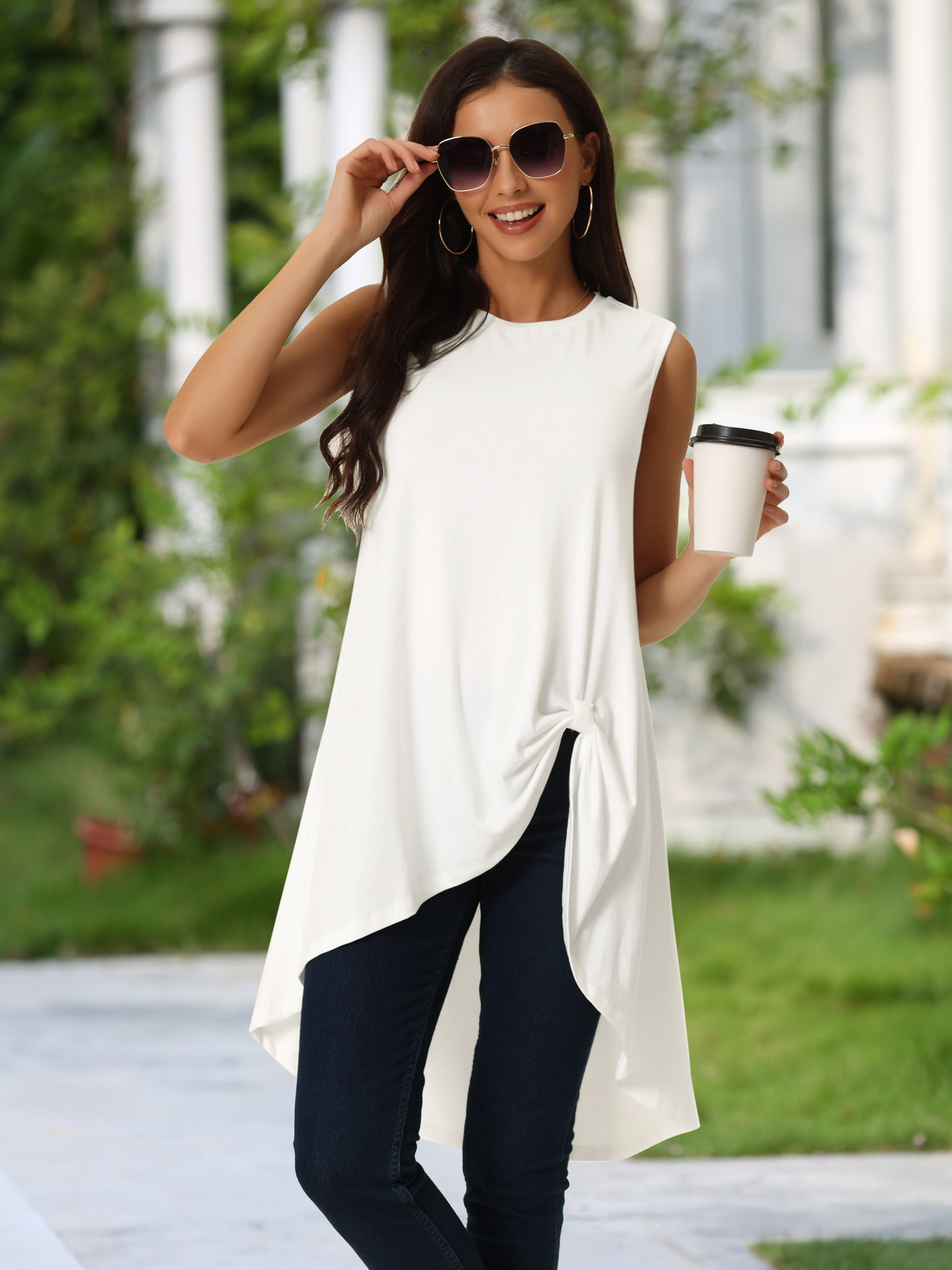 Women's High Low Tops Crewneck Twist Knot Sleeveless Tunic Top Dressy Asymmetrical Summer Loose Fit Shirt