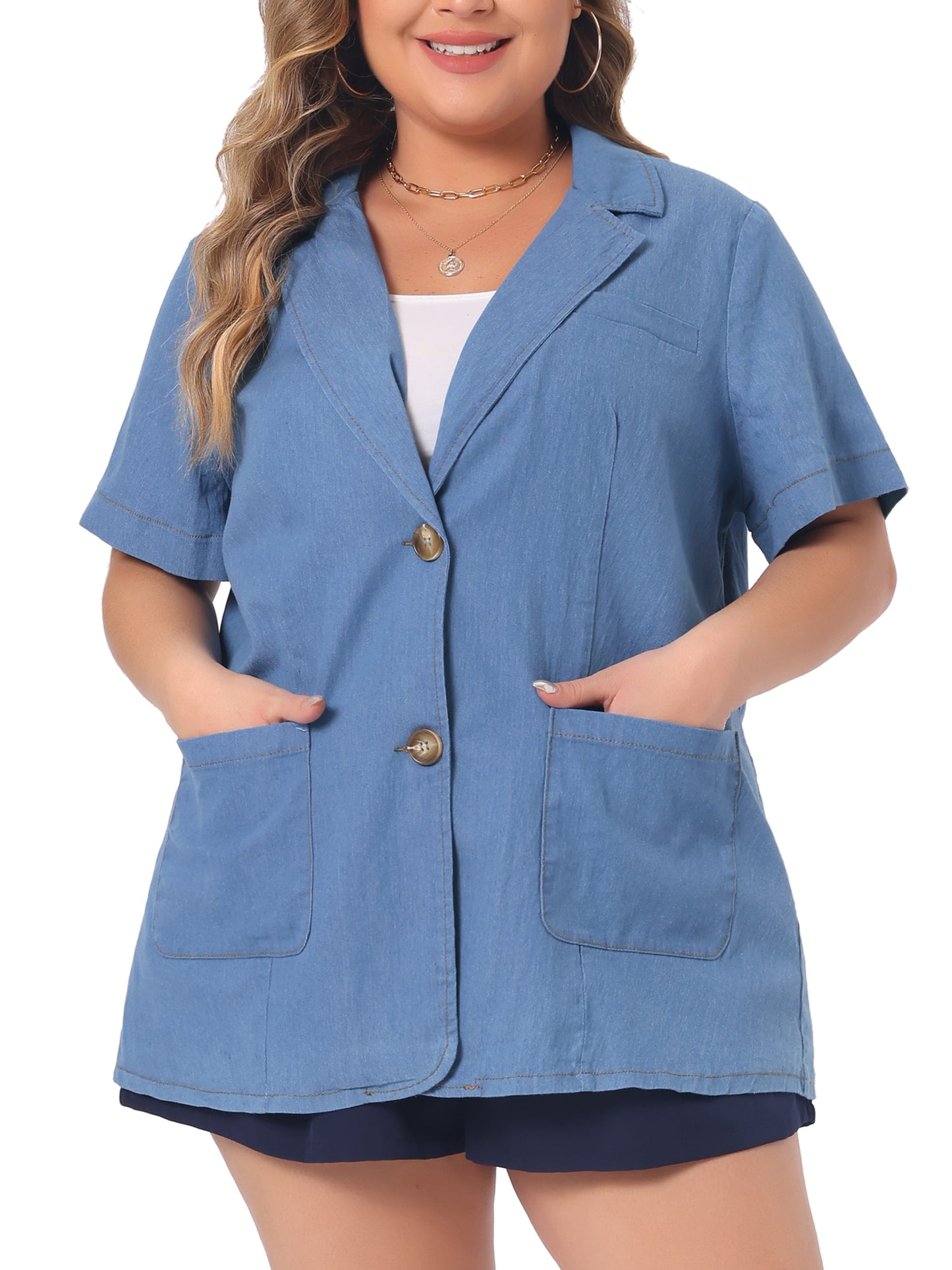Women Plus Size Denim Shirt Front Lapel Short Sleeve Button Down Chambray Shirt