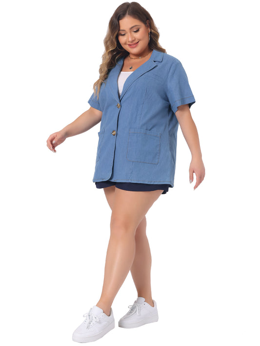 Women Plus Size Denim Shirt Front Lapel Short Sleeve Button Down Chambray Shirt