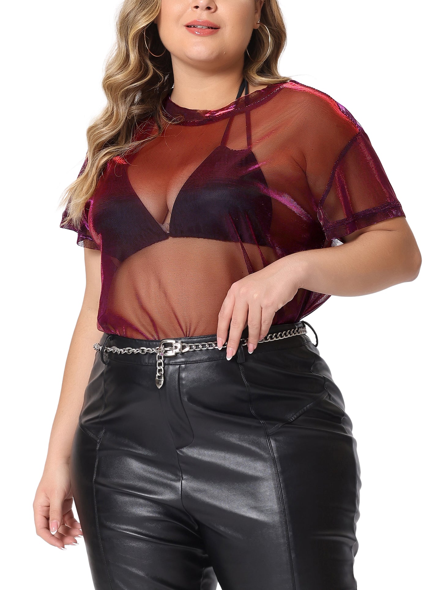 Women Plus Size Party Top Sheer Mesh Holographic See Through Sexy Top