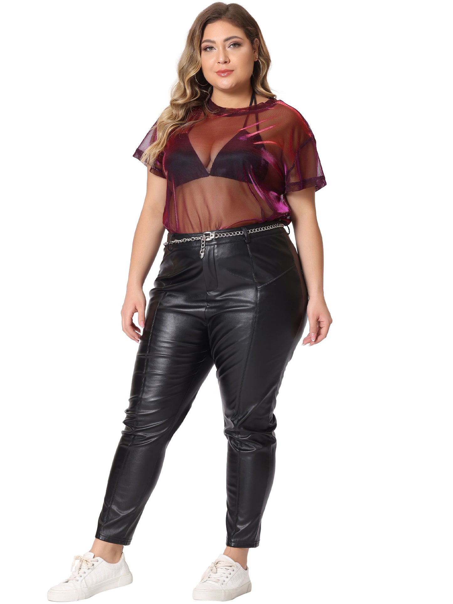 Women Plus Size Party Top Sheer Mesh Holographic See Through Sexy Top
