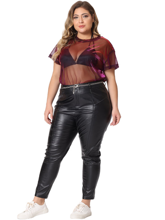 Women Plus Size Party Top Sheer Mesh Holographic See Through Sexy Top