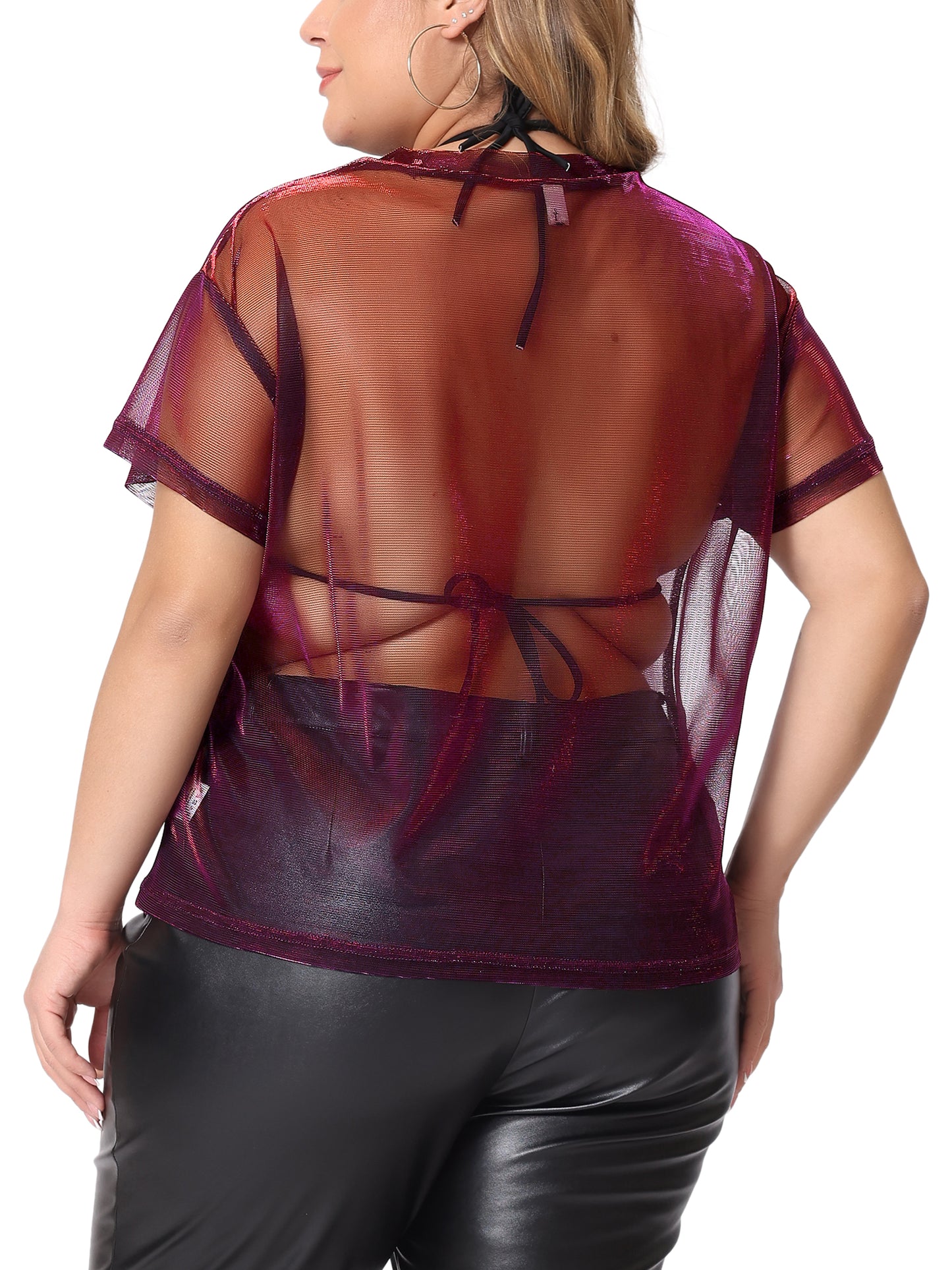 Women Plus Size Party Top Sheer Mesh Holographic See Through Sexy Top