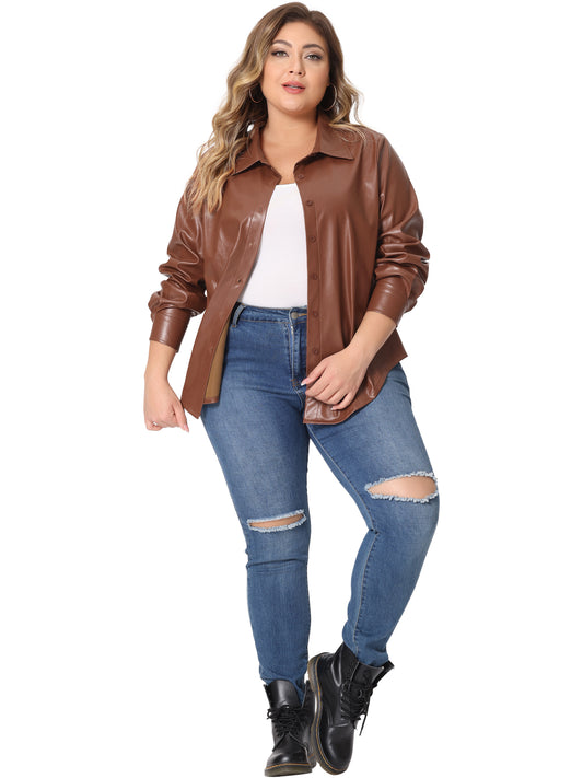 Women Plus Size Faux Leather Jacket Shacket Button Down Shirt
