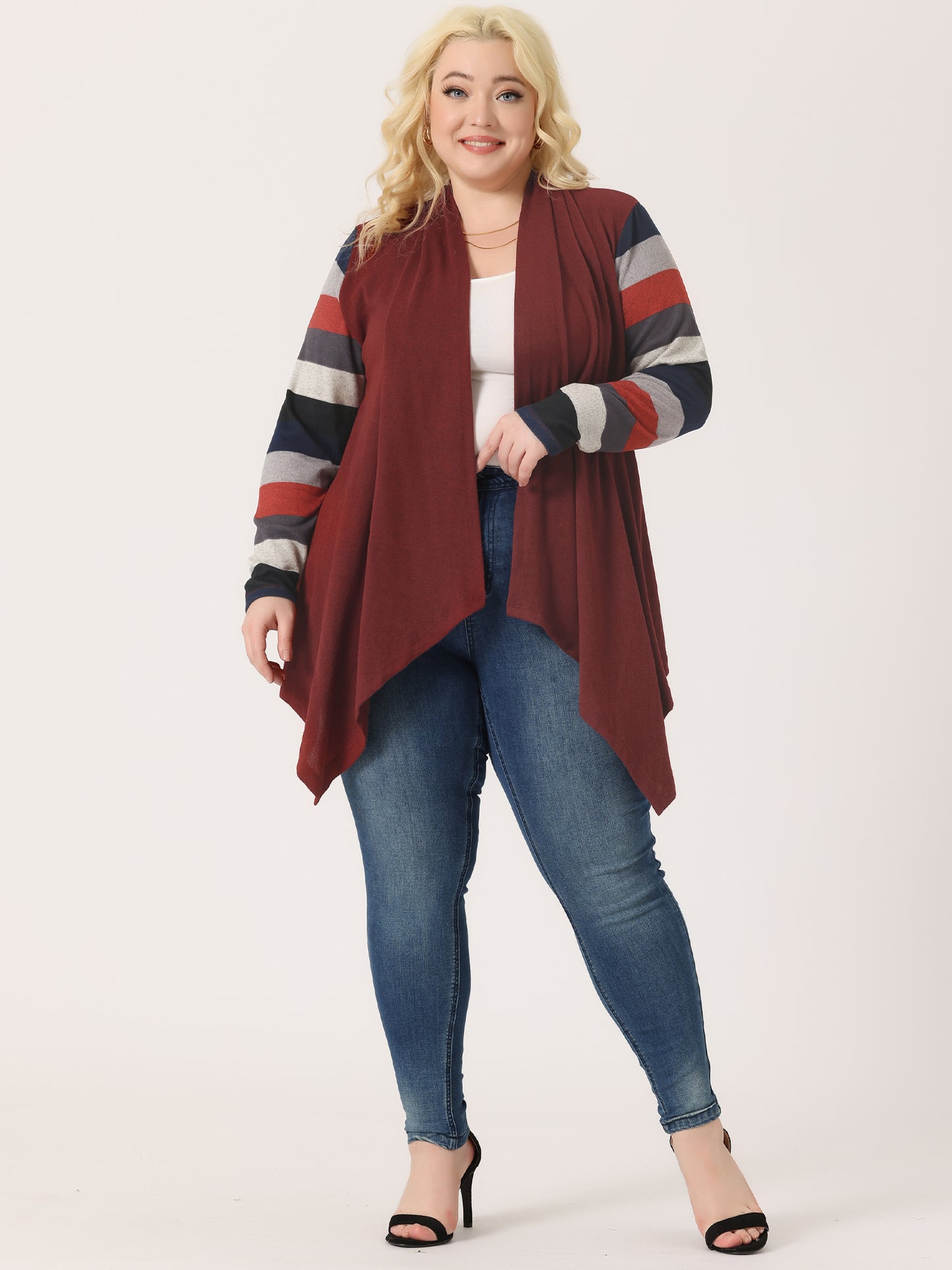 Women's Plus Size Cardigan Duster Open Front Long Sleeve Lightweight Stripe Splicing Long Cardigan