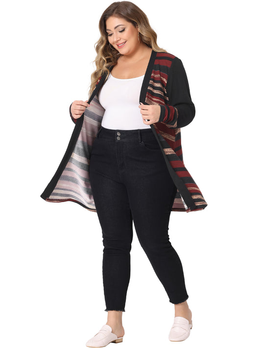 Women's Plus Size Cardigan Long Open Front Striped Sweater Cardigans