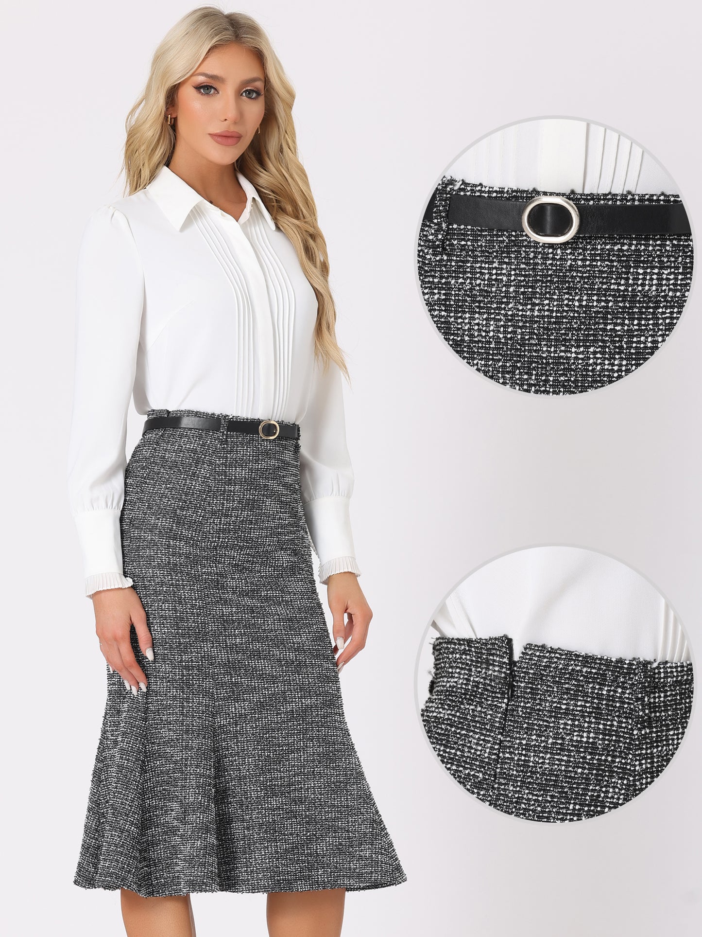 Falda midi de tweed para mujer, falda ajustada con cola de pez y cinturón a cuadros