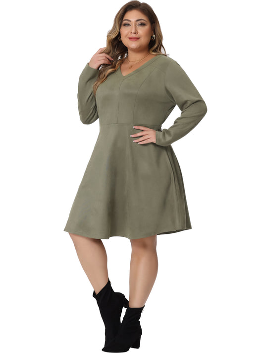 Women Plus Size Faux Suede Dress V Neck Long Sleeve A-Line Elegant Midi Dress