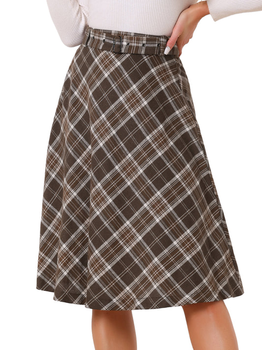 Women's Tartan Plaid High Waist Belted Vintage A-Line Midi Skirt