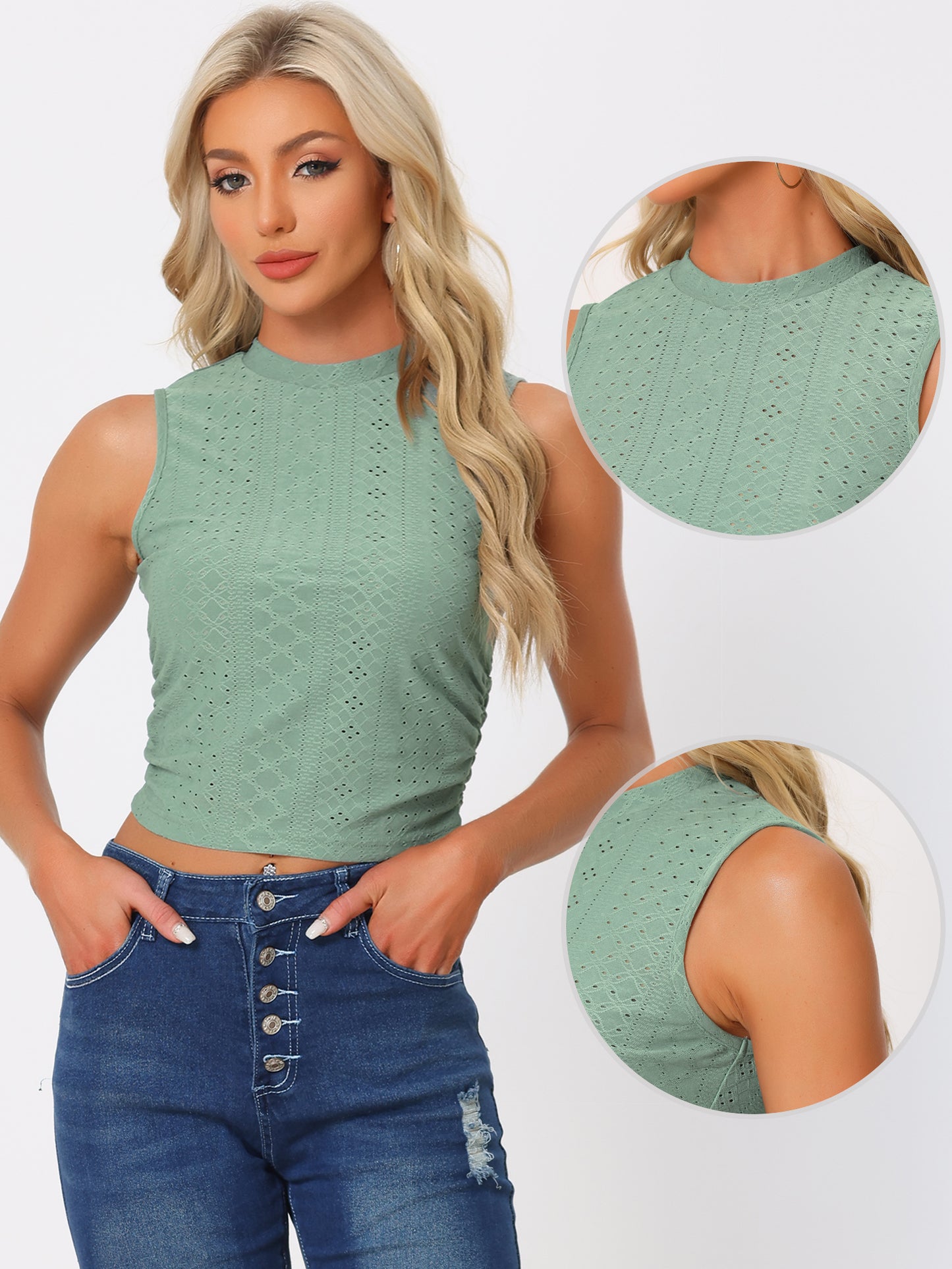 Women's Summer Tank Top Casual Sleeveless Mock Neck Eyelet Slim Fitted Ruched Crop Top