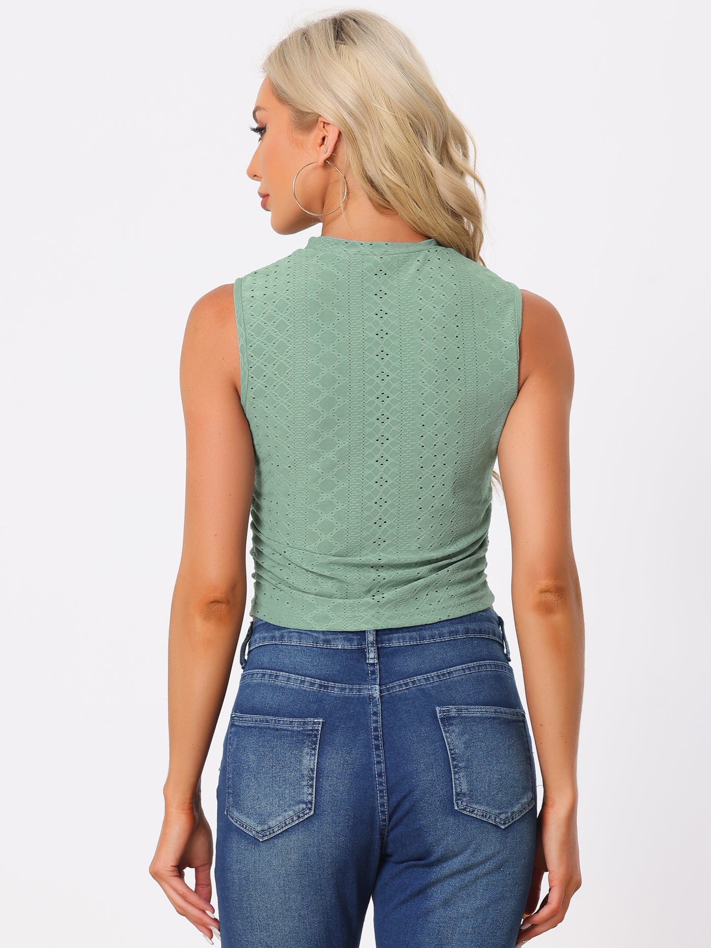 Women's Summer Tank Top Casual Sleeveless Mock Neck Eyelet Slim Fitted Ruched Crop Top