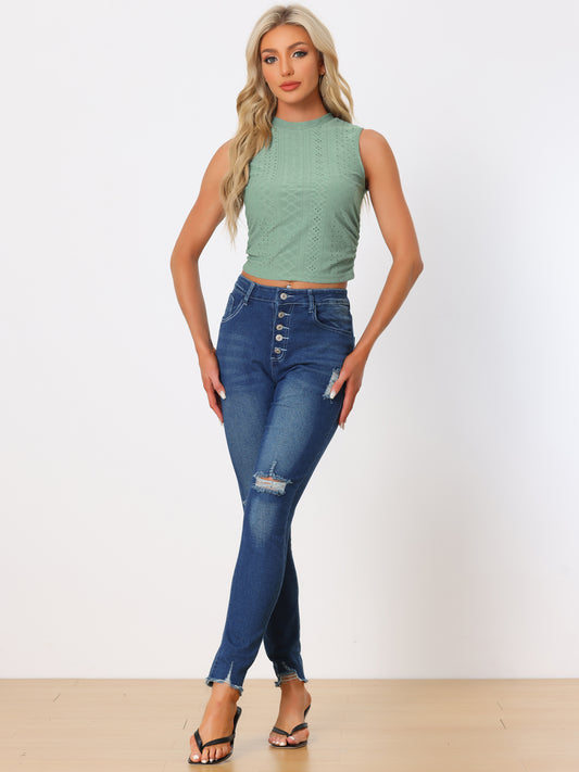 Women's Summer Tank Top Casual Sleeveless Mock Neck Eyelet Slim Fitted Ruched Crop Top