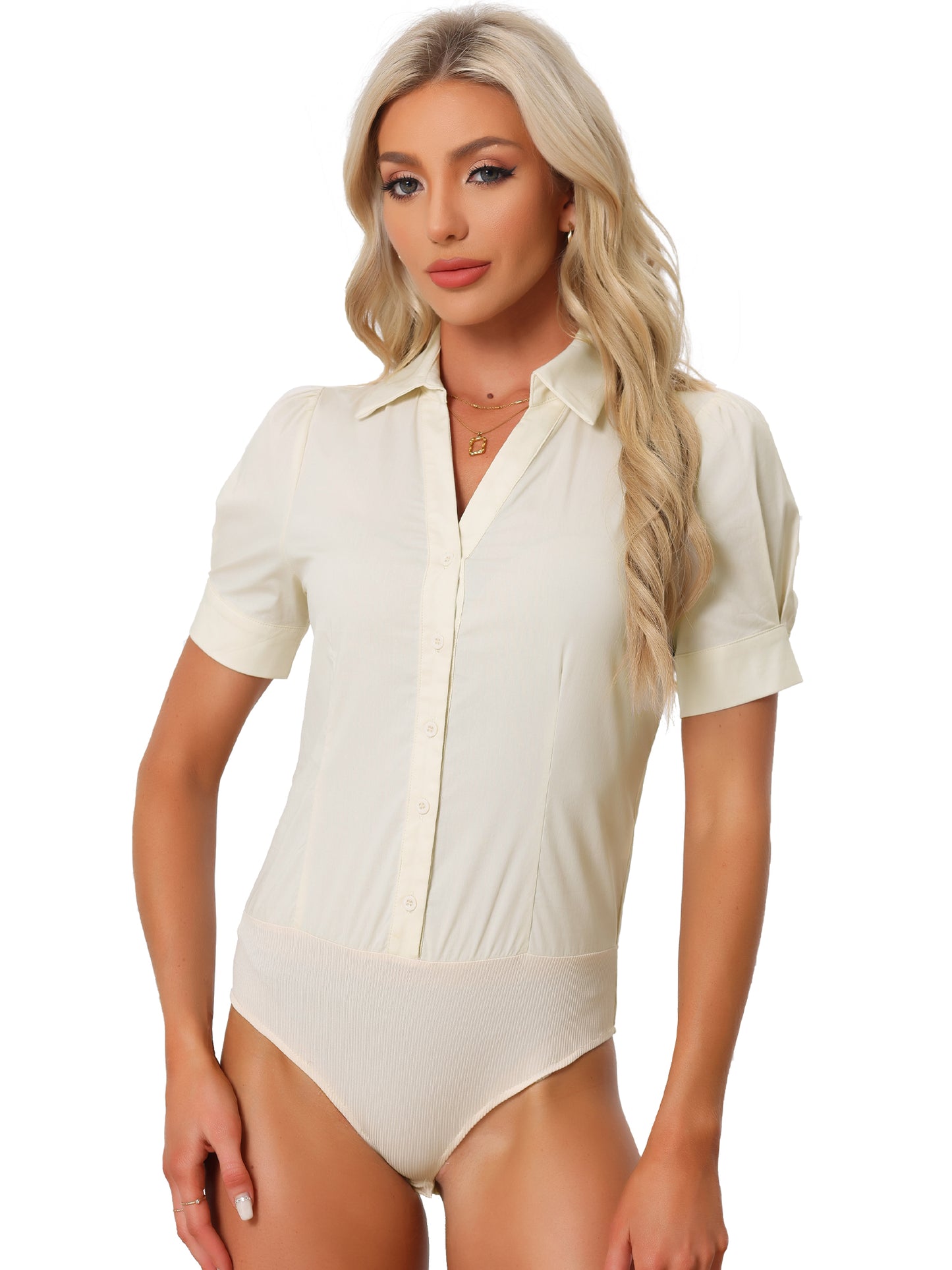 Women's Button Down Leotard Shirt Short Sleeve Collared Business Work Bodysuit Top